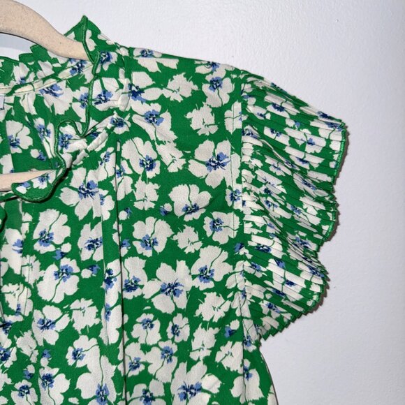 Green Floral Print Ruffle Short Sleeve Blouse By Voy Size M - Picture 2 of 5